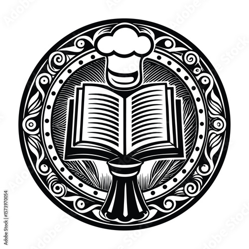 Open cookbook with chef hat and ornate border black and white