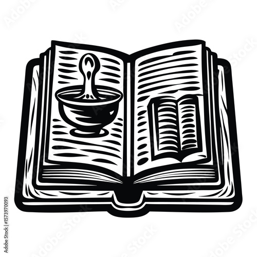Open cookbook with mortar and pestle open book cooking