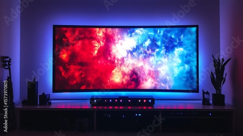 A curved tv displaying a colorful abstract image with led lighting around it
