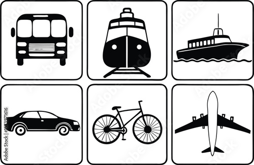 Diverse Transit: An illustration showcasing different modes of transport, including a bus, train, ferry, car, bicycle, and airplane.