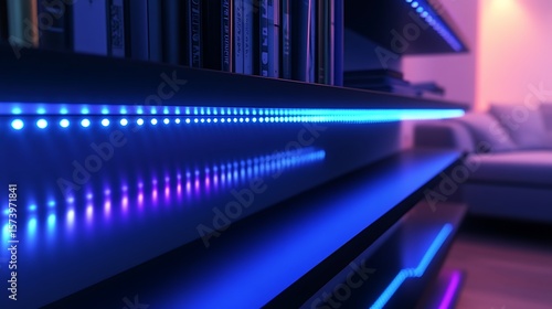 Close up of a bookshelf with led lights and books in a modern living room