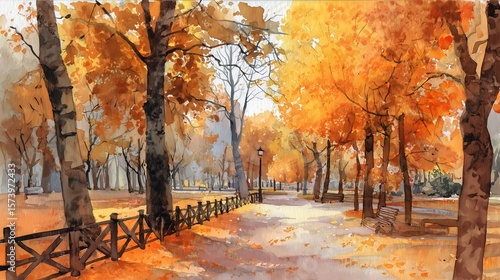紅葉の公園の水彩画