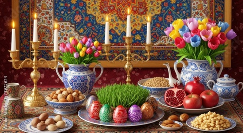 Traditional Nowruz Haft Seen Table Setting with Candles and Flowers