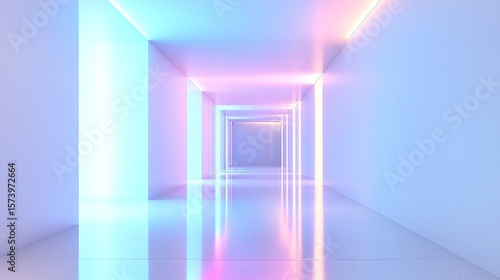 A long corridor with glowing lights in shades of pink blue and white colors