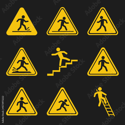 Collection of yellow warning signs depicting people in various hazardous situations, including water, stairs, and ladders.
