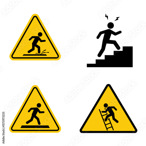 Four warning signs depicting hazards: slippery surface, bumping head on stairs, tripping, and falling from a ladder.