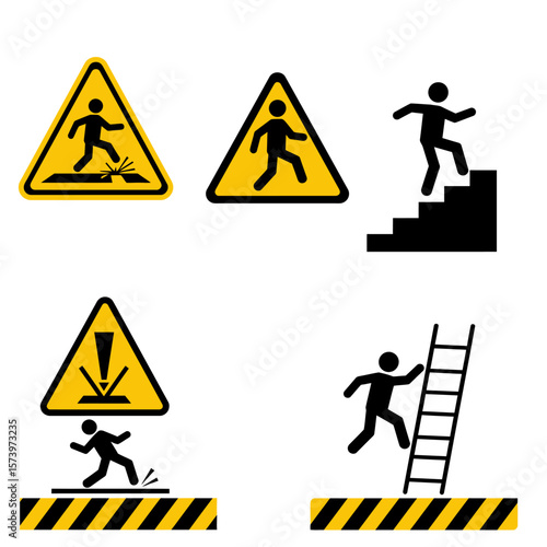 Safety warning signs depicting potential hazards of slipping, tripping, and falling on various surfaces and stairs.