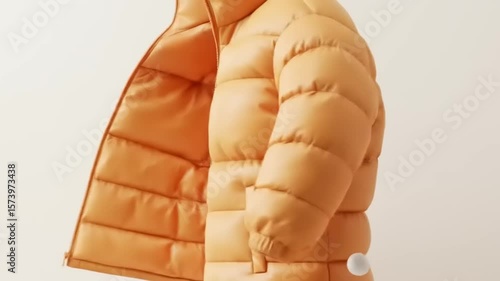 Stylish orange puffer jacket displayed on a mannequin against a neutral background, showcasing modern fashion