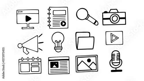 Hand drawn icons representing digital media creation and content marketing