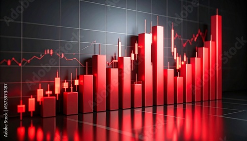 Rising red bar chart overlaid on global financial data and candlestick trends