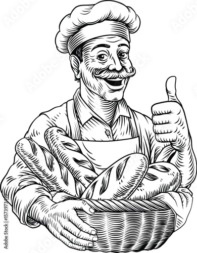 Vintage style woodcut illustration of smiling baker or chef holding a large basket of baguette French bread loves. Perfect for bakeries, artisanal bread brands, cafe menus, or food packaging.