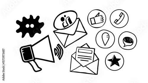 Doodle icons representing communication marketing and social media engagement