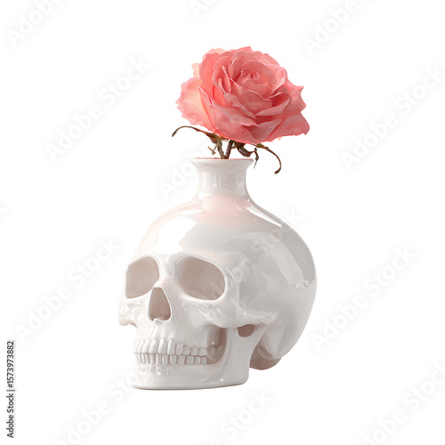  Cute skull vase with rose on transparent background