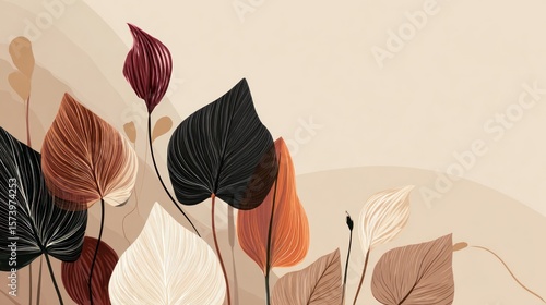 Abstract botanical illustration featuring stylized leaves in earthy tones, arranged asymmetrically against a muted beige background with subtle organic shapes