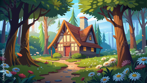 A cozy woodland cottage nestled in an idyllic forest clearing, surrounded by blooming daisies and tall trees. Soft sunlight filters through the canopy, creating a peaceful