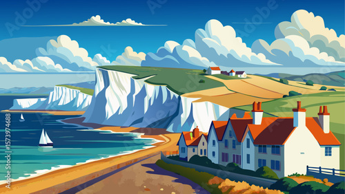 Bright early summer day at the iconic Seven Sisters chalk cliffs in Seaford, East Sussex, England. The white cliffs contrast beautifully with the blue sea and sky