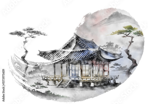 한국의 전통 가옥인 한옥을 주제로 한 다양환 풍경을 수묵화 기법으로 그린 손그림 일러스트.