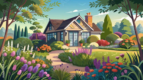 Charming UK garden with a naturalistic design featuring a mix of wildflowers, ornamental grasses, and structured hard landscaping. A cozy summer retreat house sits nestled among lush greenery