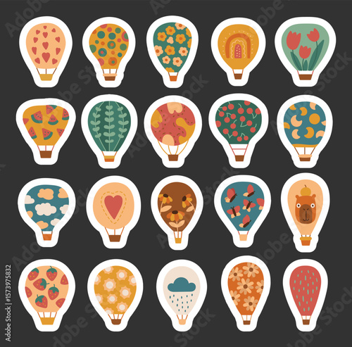 Hot air balloon travel cartoon set in scandinavian style with different patterns for illustration and decoration of adventure themed and journey creative design projects