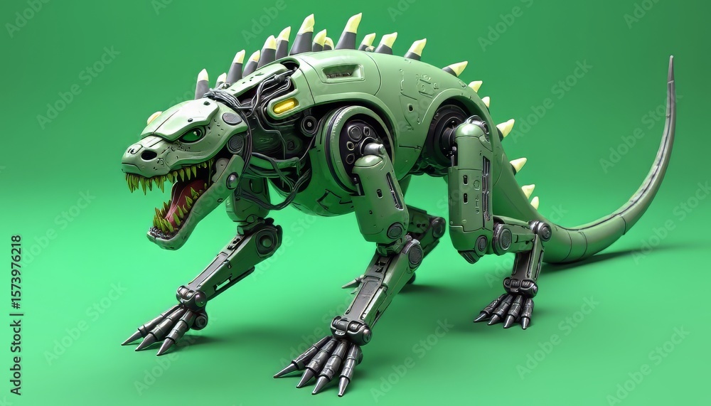 Obraz premium Robotic Lizard with Spikes on a Green Background