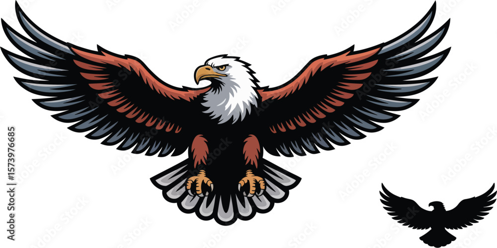 Obraz premium Eagle with wings spread wide, featuring black, white, and red feathers, and a smaller eagle silhouette