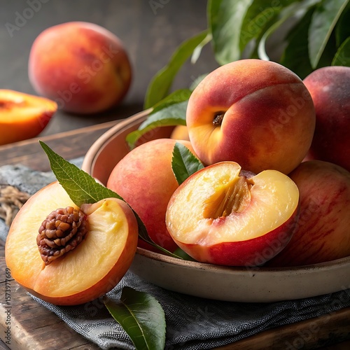 ripe peaches on a wooden table