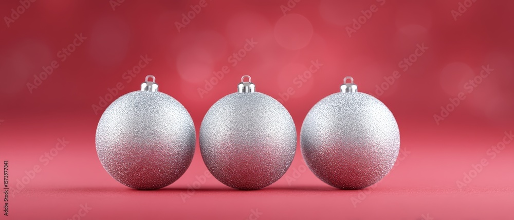 Fototapeta premium Sparkling silver christmas ornaments on red background holiday decoration still life photography festive atmosphere close-up view seasonal spirit