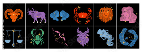 Collection of zodiac sign icons in a modern, magical style featuring all twelve horoscope symbols with clean, mystical astrological design