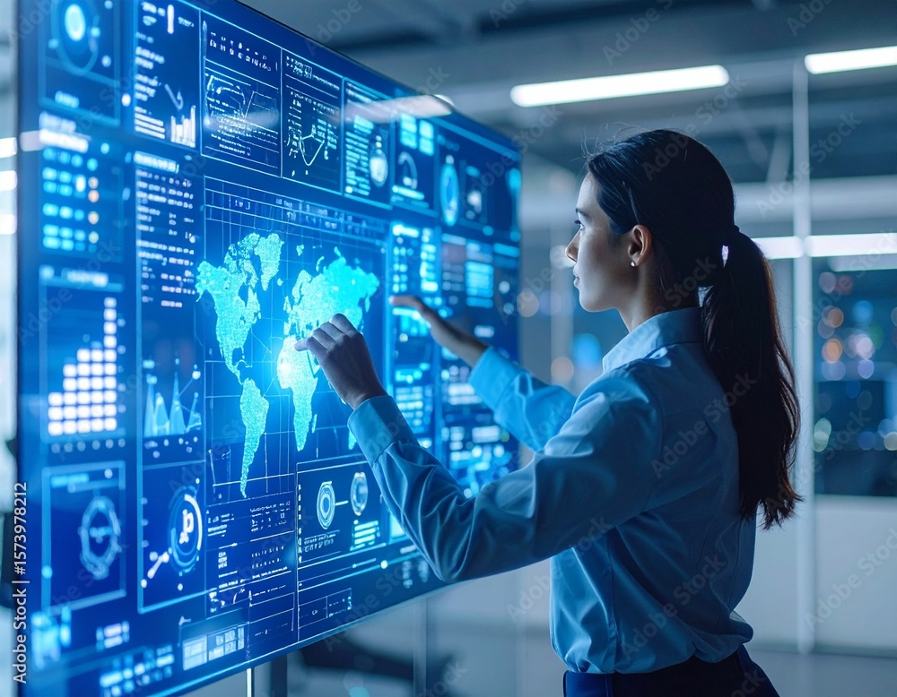 Global Data Analysis A Woman Interacting with Interactive World Map Display Global Data Analysis A Woman Interacting with Interactive World Map Display