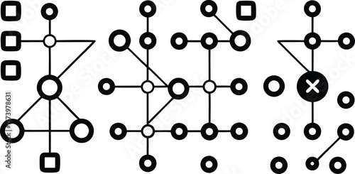 Vector art of abstract geometric network diagrams with circles, squares, and lines on a white background.