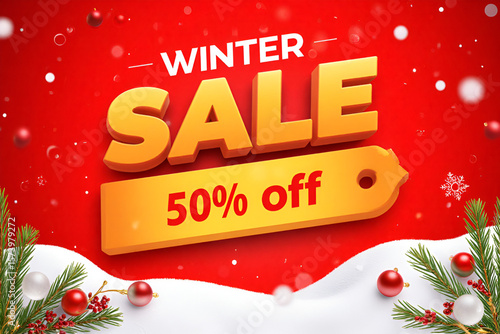 Winter Sale Background with 50% Off Tag – Holiday Season Discount Banner with Snow, Pine Branches, and Christmas Decor

