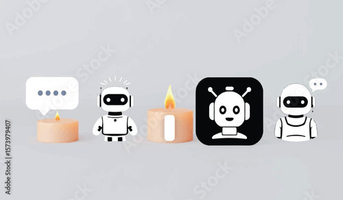 AI chatbot icons: conversational robots and communication bubbles for modern artificial intelligence concepts.