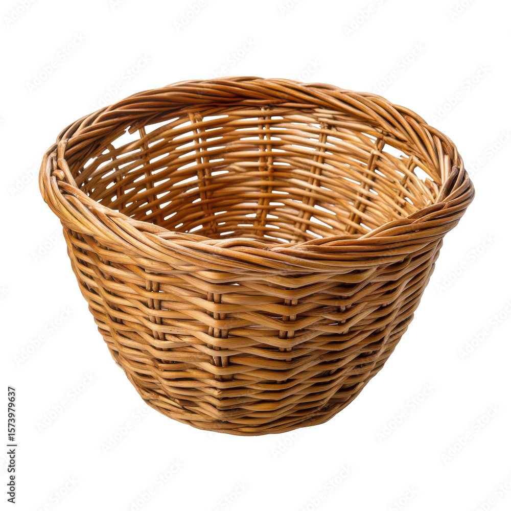 Fototapeta premium Empty woven wicker basket on black background rustic handcrafted container isolated on a transparent background