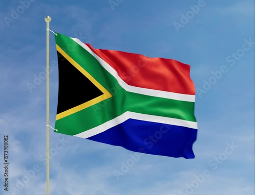 Flag of South Africa Waving Proudly on a Flagpole. 3D Animation of South African flag. Seamless Loop with Matte.