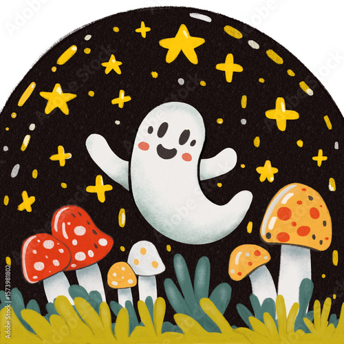A cute flying ghost among the stars, hovering over magic mushrooms. Halloween Illustration