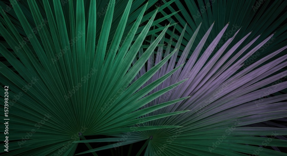 Obraz premium Vibrant Green and Purple Palm Fronds Creating a Textured Abstract Background with a Tropical Feel