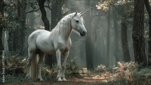 Majestic unicorn standing in a misty forest surrounded by ferns and tall trees during early morning light