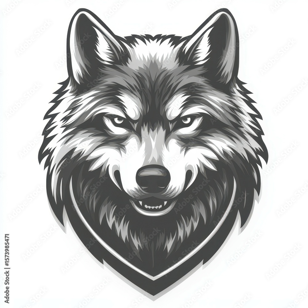 Naklejka premium Intense wolf head illustration showcasing intricate details and bold lines in a monochrome design