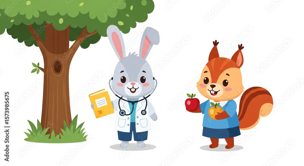 Fototapeta premium A doctor bunny examines a squirrel student holding an apple near a tree.