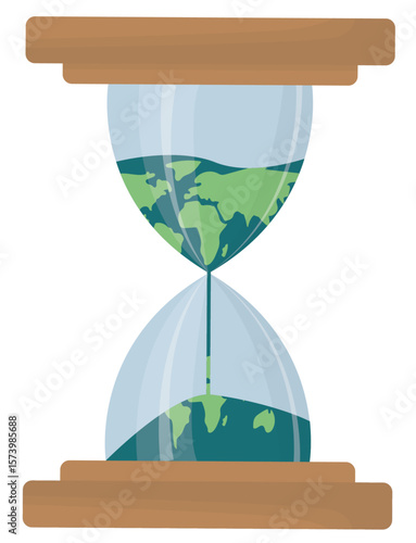 Hourglass with Earth globe sand flowing from top to bottom chamber, symbolizing environmental time pressure and urgent climate change action. White background. Earth day. Vector illustration