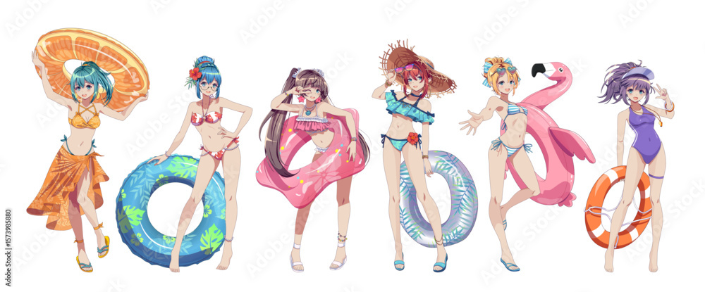 Fototapeta premium Grupa dziewczyn z anime w jaskrawych strojach kąpielowych radośnie pozuje z kolorowymi dmuchanymi pieluchami na białym tle. Każda z nich ma niepowtarzalny styl i dodatki, które nadają jej letniego, radosnego charakteru.