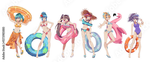 Group of anime girls in vibrant swimsuits happily posing with colorful floaties against a white background. Each has a unique style and accessory for a fun summer vibe.