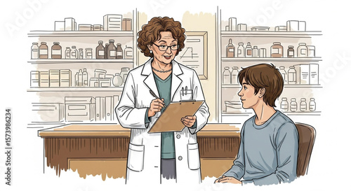 Pharmacist consults with teenage patient in a well-stocked pharmacy.