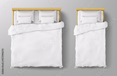 Modern bed top view in double and single sizes with white pillows and blankets on yellow frames and headboard. Bedroom furniture mockup, interior design layouts for room visualization presentations.