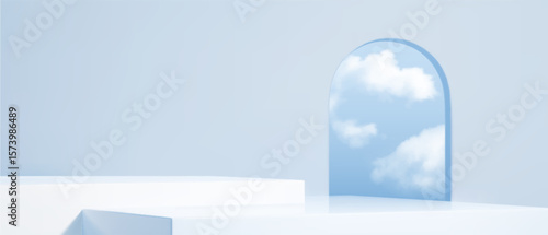 Dreamy sky scene with clouds through arch window and white geometric platform podiums - realistic 3d blue background for product display, minimalist stage mockup and ethereal presentation space.
