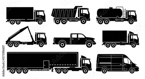 Silhouette illustrations of various trucks, including a box truck, dump truck, tanker, pickup, semi-trailer, and van.