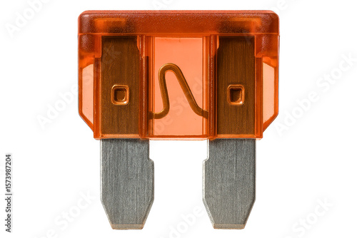 Close-up of a standard blade-type car fuse for overload protection on a transparent background