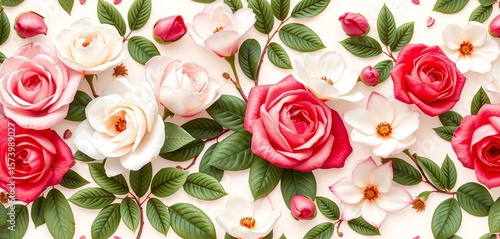 Seamless pattern of white, red & pink roses, magnolia & frangipani blossoms, leaves on light background, wall decor, vintage