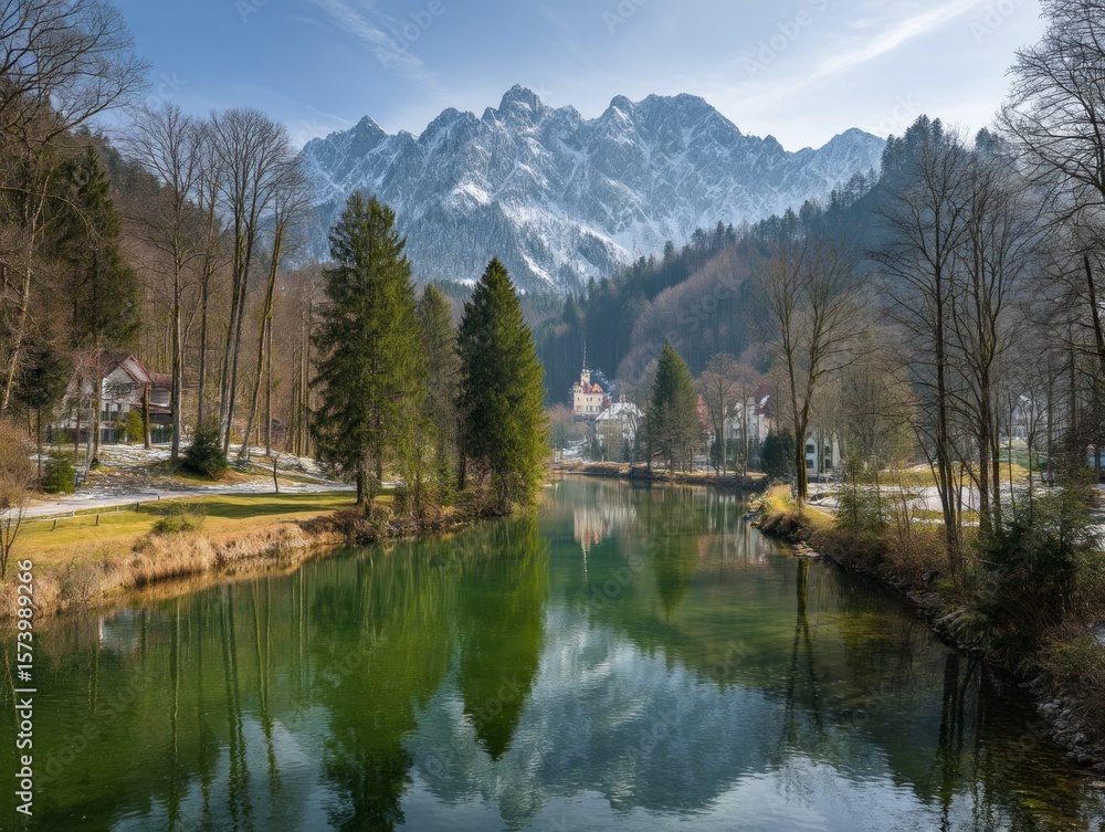 Obraz premium Serene mountain river reflecting a picturesque village.