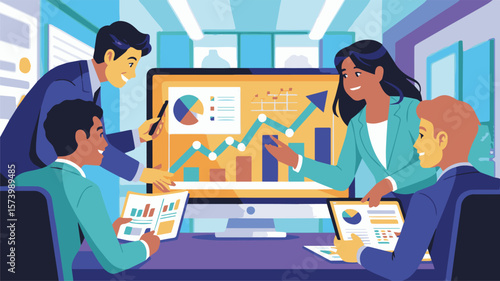 Diverse team collaborates on financial growth strategy, analyzing charts for business success.